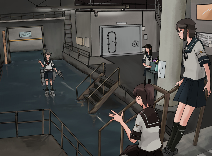 4girls adapted_turret anchor_symbol black_hair black_legwear blue_sailor_collar blue_skirt book braid brown_hair brown_sailor_collar brown_skirt grey_footwear hair_over_shoulder hatsuyuki_(kancolle) highres holding holding_book indoors kantai_collection kuragare long_hair machinery medium_hair miyuki_(kancolle) multiple_girls pleated_skirt rigging sailor_collar school_uniform serafuku shikinami_(kancolle) short_sleeves sidelocks sitting skirt standing standing_on_liquid torpedo_launcher uranami_(kancolle)