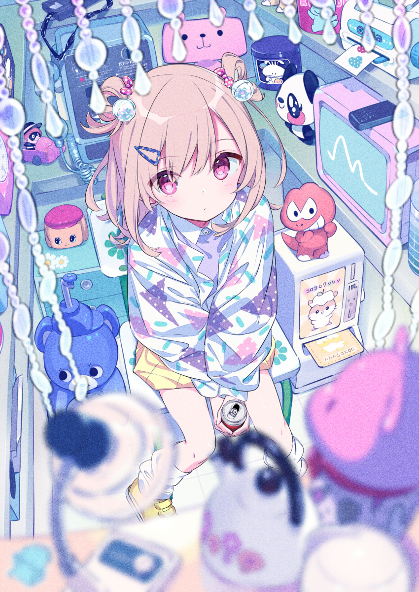 1girl bear can collared_shirt dinosaur heisei highres kiya_machi long_sleeves looking_up original pale_skin panda pink_eyes pink_hair shirt skirt soda_can stuffed_animal stuffed_toy teddy_bear toy