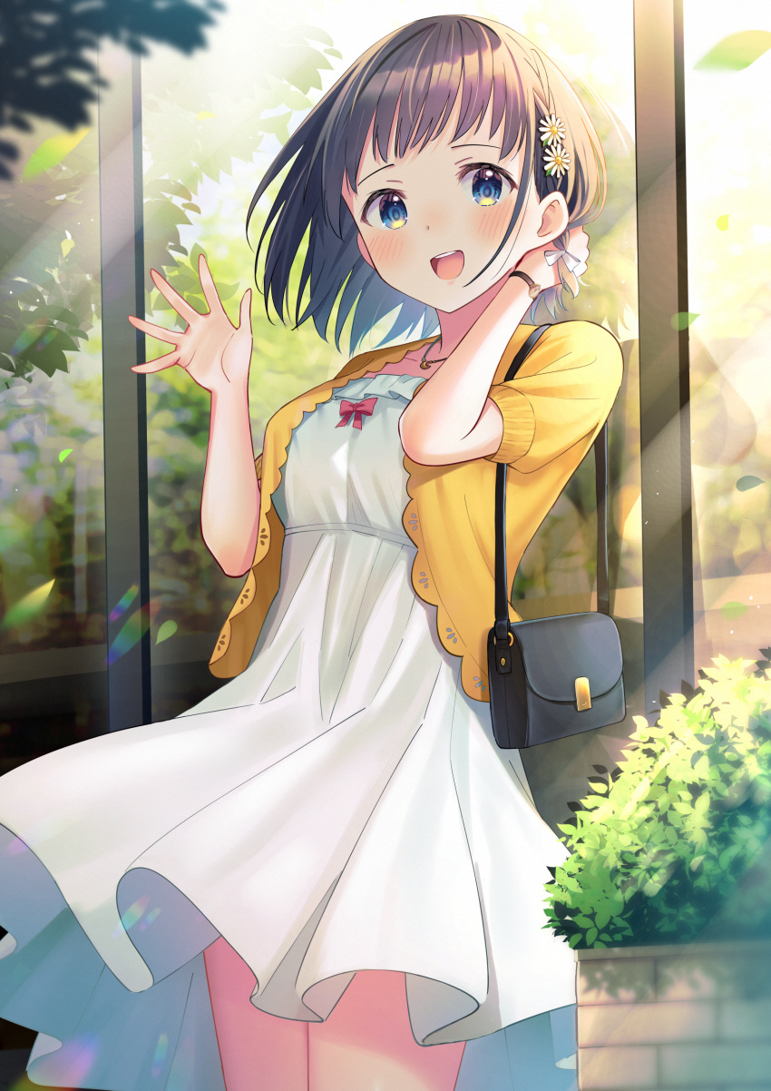 1girl :d absurdres bag black_hair blue_eyes blush breasts commentary_request day dress flower hair_flower hair_ornament hands_up highres jacket leaves_in_wind looking_at_viewer open_clothes open_jacket original outdoors puffy_short_sleeves puffy_sleeves short_sleeves shoulder_bag small_breasts smile solo teeth u_rin upper_teeth white_dress white_flower yellow_jacket