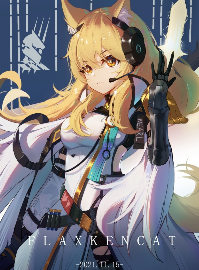 1girl animal_ear_fluff animal_ears arknights armor artist_name bangs belt blonde_hair breasts bright_pupils character_name closed_mouth clothes_writing cowboy_shot dated dress eyebrows_visible_through_hair floating floating_object fur_trim gauntlets headset highres horse_ears horse_girl horse_tail long_hair medium_breasts nearl_(arknights) nearl_the_radiant_knight_(arknights) orange_eyes serious shoulder_armor solo tail white_dress yamasedemao