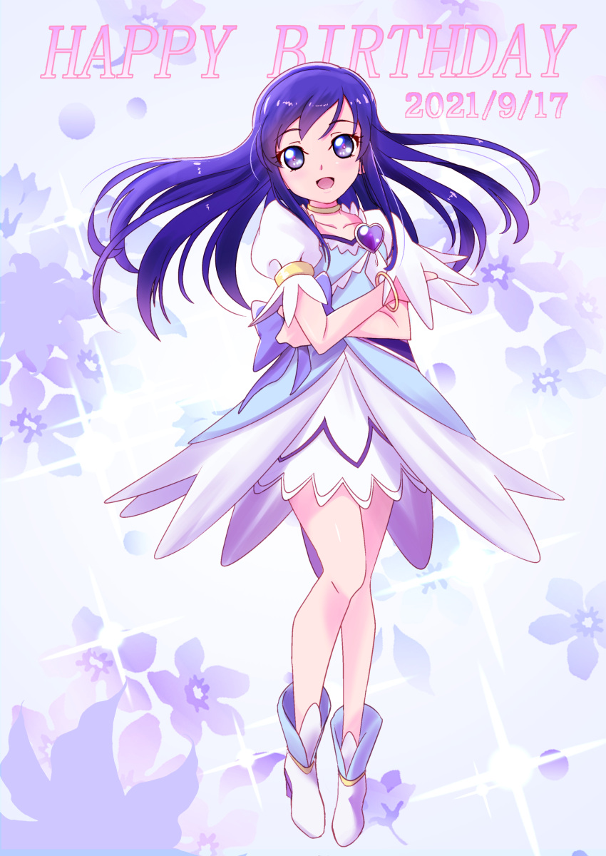1girl absurdres birthday blue_background blue_dress blue_eyes blue_hair boots bracelet choker collarbone crossed_arms cure_diamond dated dokidoki!_precure dress floral_background forehead full_body hair_ornament happy_birthday heart_brooch highres hishikawa_rikka jewelry looking_at_viewer open_mouth precure puffy_sleeves ribbon sash smile solo spade_hair_ornament tirofinire white_footwear yellow_choker