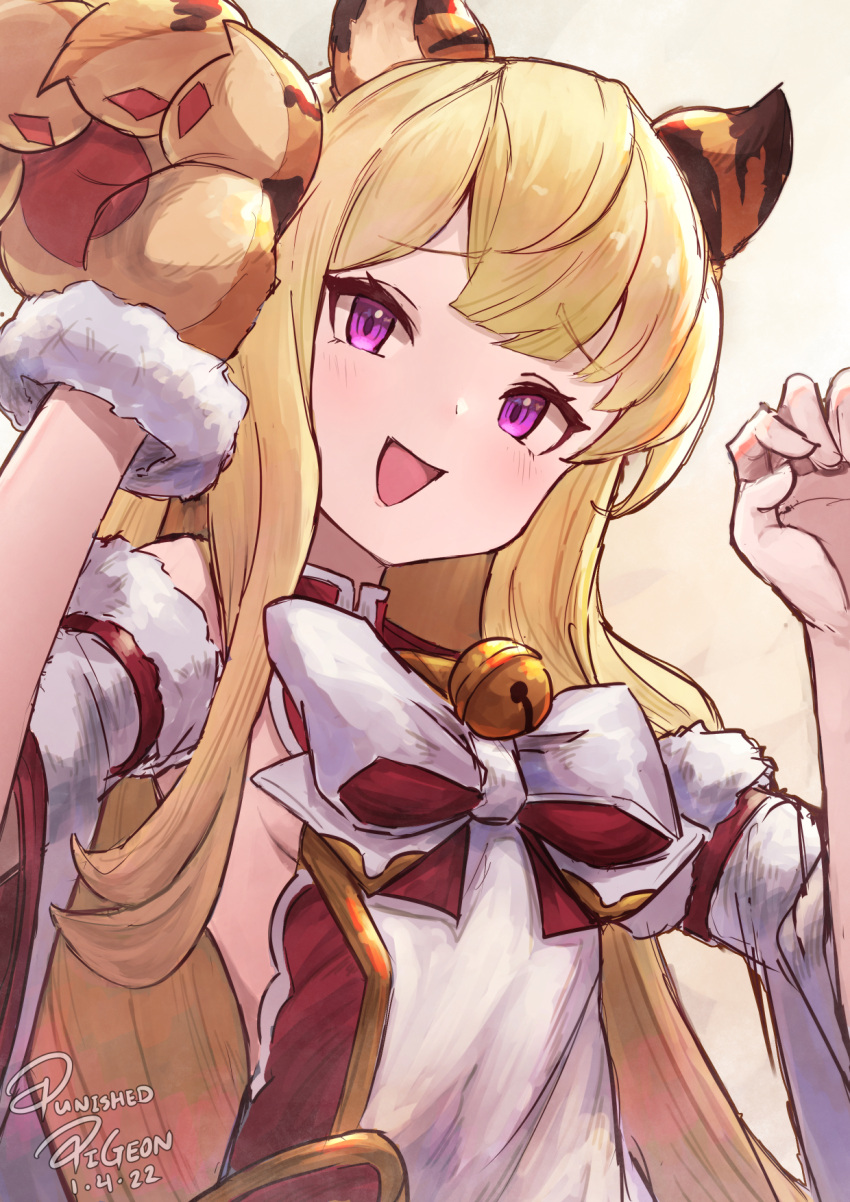 1girl animal_ears animal_hands artist_name backless_dress backless_outfit bangs bell blonde_hair blush breasts cagliostro_(granblue_fantasy) cidala_(granblue_fantasy) cidala_(granblue_fantasy)_(cosplay) cosplay dated detached_sleeves dress english_commentary granblue_fantasy hands_up highres jingle_bell long_hair looking_at_viewer open_mouth punished_pigeon sideboob signature sleeveless sleeveless_dress solo tiger_ears tiger_paws violet_eyes