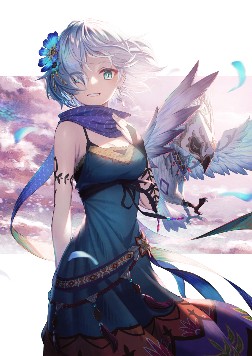 1girl absurdres arms_behind_back bangs bare_arms bird blue_dress blue_eyes breasts clouds commentary_request dress earrings eyes_visible_through_hair flower grin hair_flower hair_ornament hair_over_one_eye hand_on_own_chest highres jewelry looking_at_viewer medium_breasts original outdoors ribbon scarf sho_(sumika) short_hair silver_hair sky sleeveless sleeveless_dress smile solo