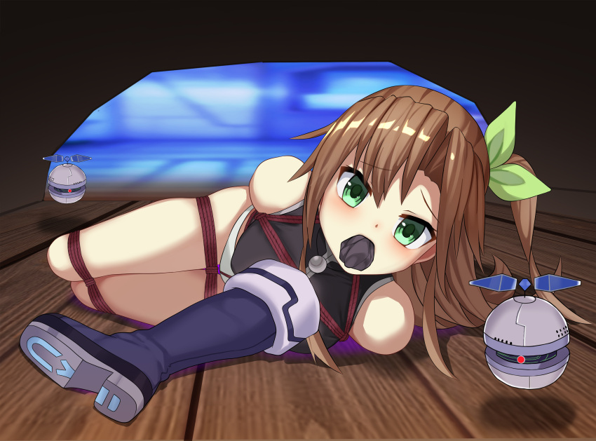 1girl bdsm bondage bound bow brown_hair choujigen_taisen_neptune_vs_sega_hard_girls cloth_gag commission crotch_rope eyebrows_visible_through_hair gag gagged green_eyes haimei1980 hair_between_eyes hair_bow hair_ornament highres if_(neptune_series) improvised_gag jacket long_hair looking_at_viewer neptune_(series) restrained second-party_source solo