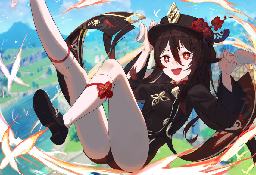 1girl absurdres black_headwear black_shorts blue_sky brown_hair chinese_clothes day falling genshin_impact hat highres hu_tao_(genshin_impact) legs legs_up long_sleeves open_mouth red_eyes river scenery short_shorts shorts sky smile socks solo subu_art thighs tree twintails