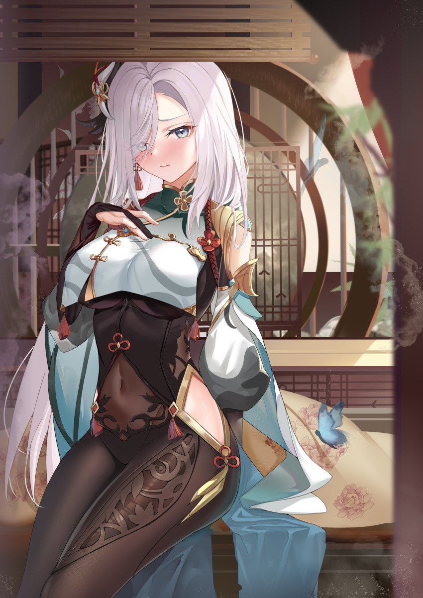 1girl absurdres blue_eyes bodysuit breast_curtain genshin_impact highres hip_vent long_hair looking_at_viewer shenhe_(genshin_impact) solo white_hair zhongwu_chahui