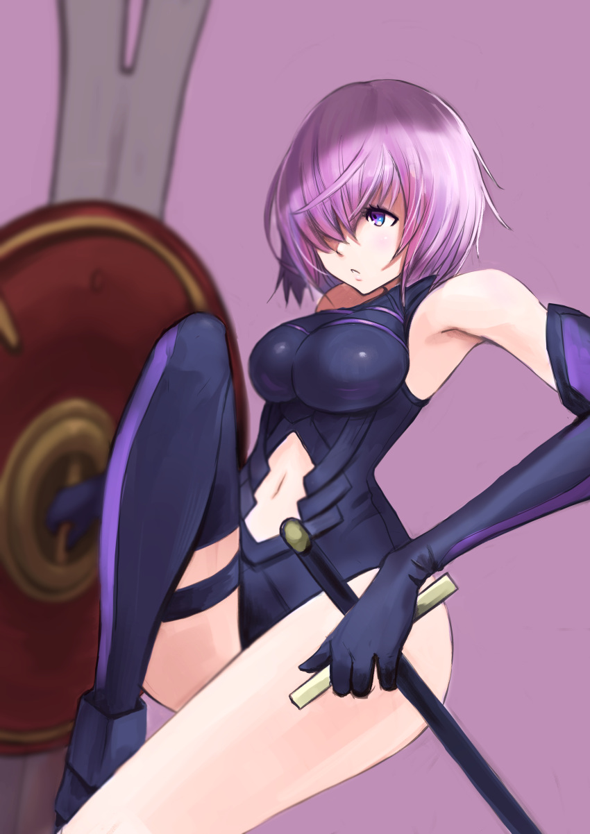 1girl 6maker armor bare_shoulders black_armor black_gloves breastplate closed_mouth clouds cloudy_sky commentary_request elbow_gloves eyebrows_visible_through_hair eyes_visible_through_hair fate/grand_order fate_(series) gloves grass hair_over_one_eye highres holding holding_shield holding_weapon light_purple_hair looking_at_viewer mash_kyrielight mountain out_of_frame outdoors pov purple_eyes purple_gloves shield shielder_(fate/grand_order) short_hair two-tone_gloves weapon