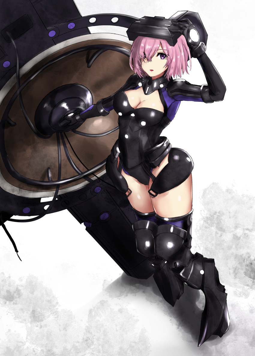 1girl armor bare_shoulders black_armor black_gloves breastplate closed_mouth clouds cloudy_sky commentary_request elbow_gloves eyebrows_visible_through_hair eyes_visible_through_hair fate/grand_order fate_(series) gloves grass hair_over_one_eye highres holding holding_shield holding_weapon light_purple_hair looking_at_viewer mash_kyrielight mountain nozoyukidaruma out_of_frame outdoors pov purple_eyes purple_gloves shield shielder_(fate/grand_order) short_hair two-tone_gloves weapon