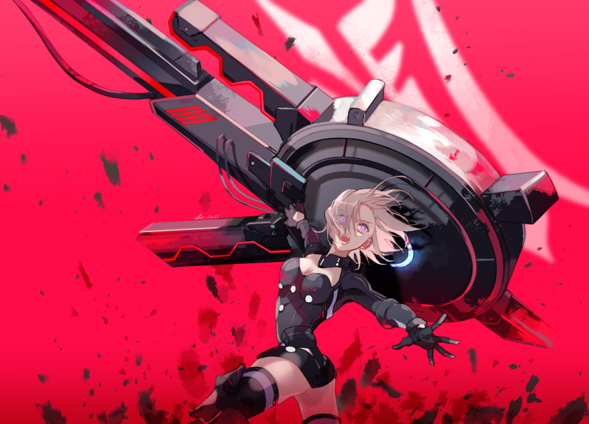 1girl armor bare_shoulders black_armor black_gloves breastplate closed_mouth clouds cloudy_sky commentary_request elbow_gloves eyebrows_visible_through_hair eyes_visible_through_hair fate/grand_order fate_(series) gloves grass hair_over_one_eye highres holding holding_shield holding_weapon light_purple_hair looking_at_viewer mash_kyrielight mountain out_of_frame outdoors pov purple_eyes purple_gloves shield shielder_(fate/grand_order) short_hair skrc_ovo two-tone_gloves weapon