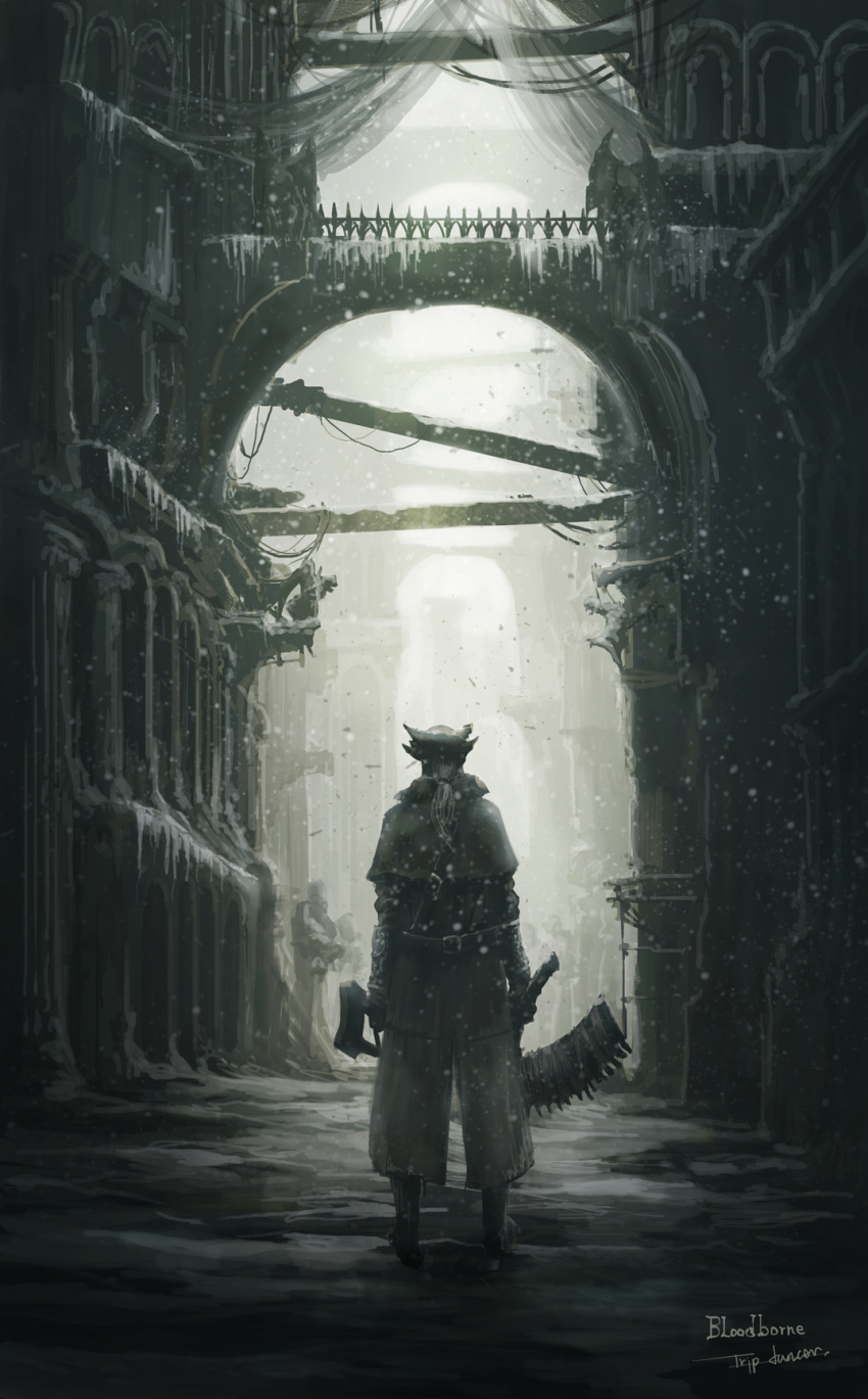 1other artist_name bloodborne bridge brown_capelet brown_cloak capelet cloak from_behind grey_hair highres holding holding_weapon hunter_(bloodborne) long_sleeves ponytail saw_cleaver scenery shoes snowing solo tripdancer weapon