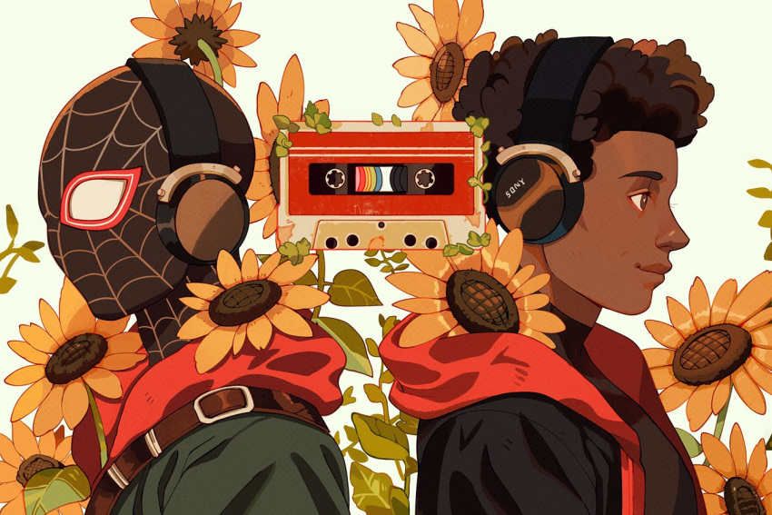 1boy afro belt brown_eyes brown_hair cassette_tape closed_mouth dark-skinned_male dark_skin english_commentary flower headphones hood hood_down hooded_jacket jacket looking_afar male_focus marvel miles_morales simple_background smile solo spider-man spider-man:_into_the_spider-verse spider-man_(series) sunflower thick_eyebrows upper_body vulpetrope western_comics white_background