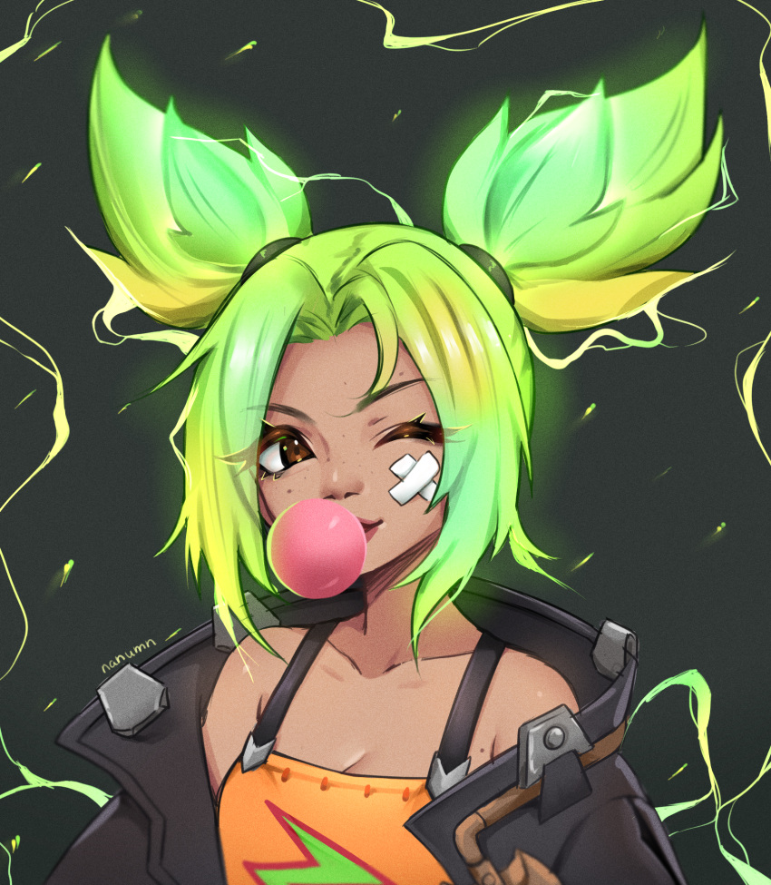 1girl bandaid bandaid_on_face bare_shoulders bubble_blowing collarbone electricity eyebrows_visible_through_hair freckles glowing glowing_hair green_hair highres league_of_legends looking_at_viewer nanumn one_eye_closed short_twintails smile solo twintails zeri_(league_of_legends)