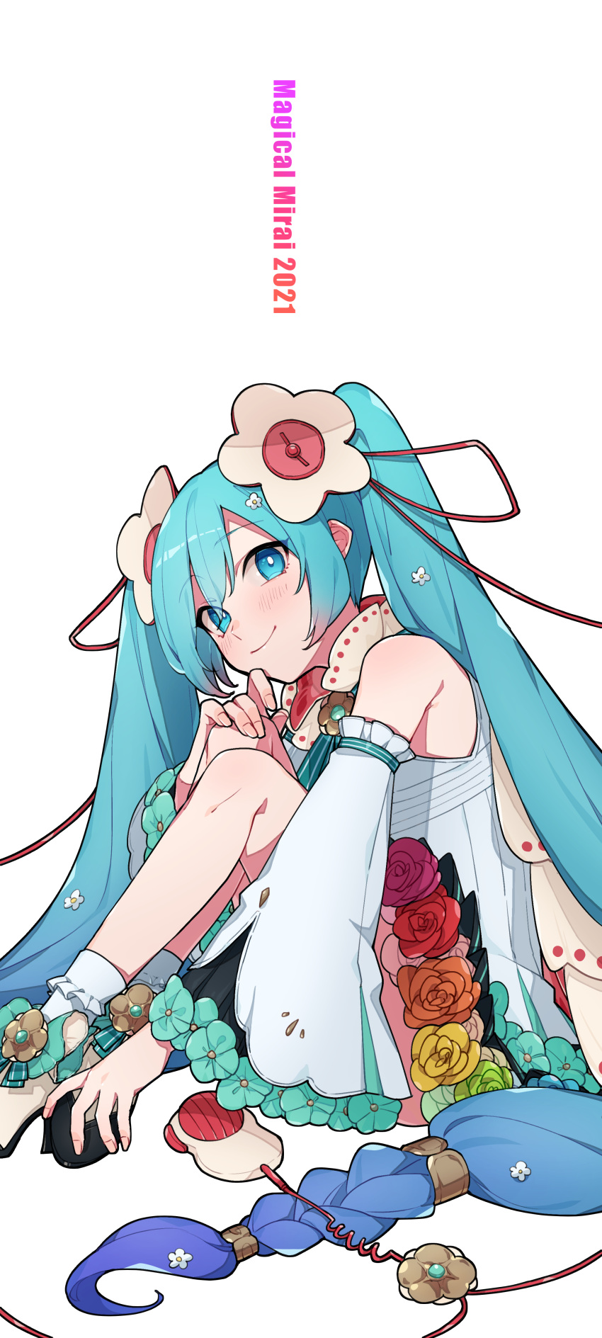 1girl absurdres blue_eyes blue_hair bright_pupils closed_mouth commentary detached_sleeves dress eyebrows_visible_through_hair flower green_flower hair_flower hair_ornament hair_ribbon hatsune_miku highres long_hair long_sleeves looking_at_viewer low-tied_long_hair magical_mirai_(vocaloid) making-of_available odd_(miyoru) orange_flower purple_flower red_flower red_ribbon ribbon simple_background sitting sleeveless sleeveless_dress smile socks solo twintails very_long_hair vocaloid white_background white_dress white_flower white_legwear white_pupils white_sleeves yellow_flower