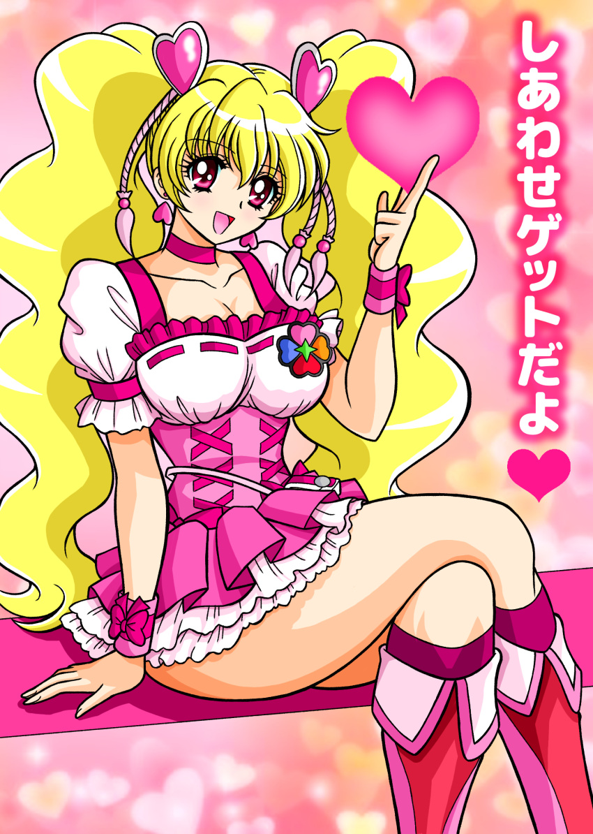 1girl :d bare_arms blonde_hair bow choker collarbone corset cowboy_shot cure_peach earrings fresh_precure! hair_ornament heart heart_earrings heart_hair_ornament highres japanese_text jewelry long_hair looking_at_viewer magical_girl momozono_love nagaigoz open_mouth pink_bow pink_eyes pink_neckwear pink_skirt precure puffy_sleeves purple_background skirt smile solo sparkle standing twintails wrist_cuffs