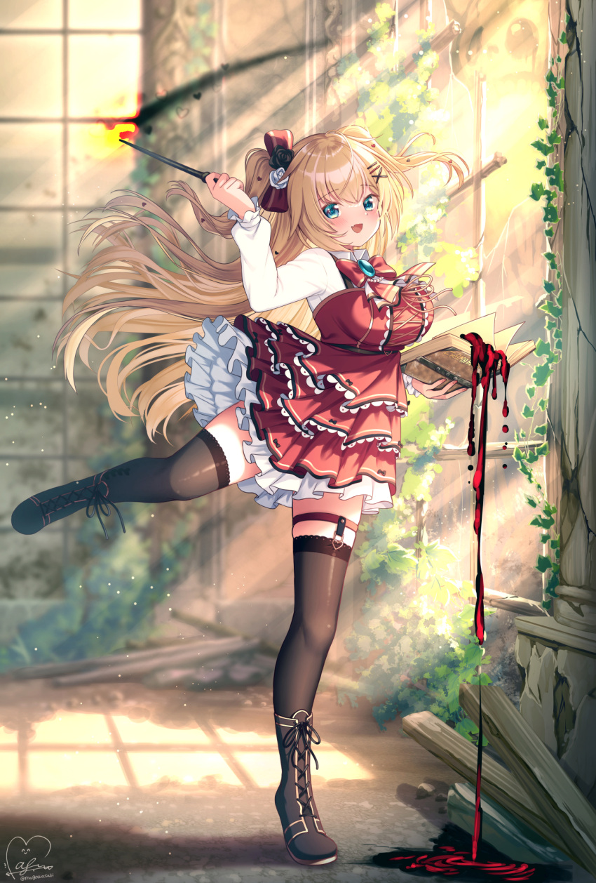 1girl :d akai_haato bangs black_footwear black_legwear blonde_hair blue_eyes blush book boots bow bowtie breasts collared_shirt commentary_request cross-laced_footwear dress eyebrows_visible_through_hair fang frilled_dress frills full_body garters hair_bow hair_ornament heart heart_hair_ornament highres holding holding_book holding_wand hololive large_breasts layered_dress light_particles long_hair looking_at_viewer magowasabi open_book red_bow red_bowtie red_dress shirt signature skin_fang smile solo standing standing_on_one_leg sunlight thigh-highs twitter_username two_side_up very_long_hair virtual_youtuber wand white_shirt window x_hair_ornament