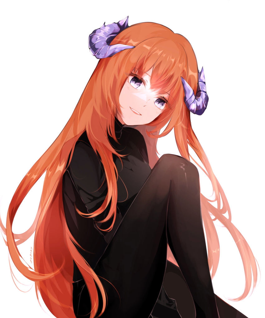 1girl absurdres alternate_costume arknights bagpipe_(arknights) bangs black_dress black_legwear black_sweater dragon_horns dress eyebrows_visible_through_hair feet_out_of_frame gupipy highres horns knee_up long_hair orange_hair pantyhose parted_lips simple_background sitting smile solo straight_hair sweater sweater_dress very_long_hair violet_eyes white_background