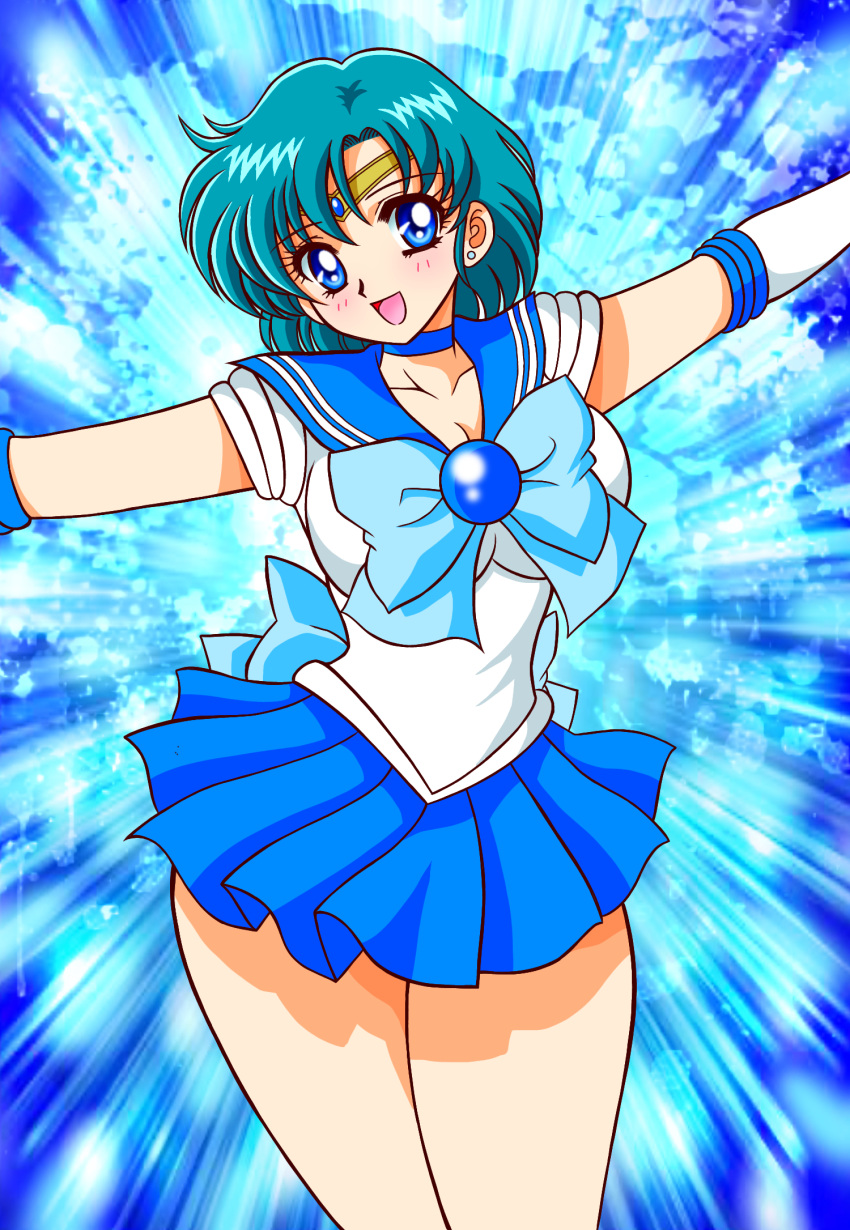 1girl back_bow bishoujo_senshi_sailor_moon blue_bow blue_eyes blue_hair blue_neckwear blue_sailor_collar blue_skirt bow brooch brown_background choker circlet cowboy_shot elbow_gloves gloves jewelry legs_apart looking_at_viewer magical_girl mizuno_ami nagaigoz open_mouth pleated_skirt sailor_collar sailor_mercury sailor_senshi_uniform short_hair skirt smile solo standing white_gloves