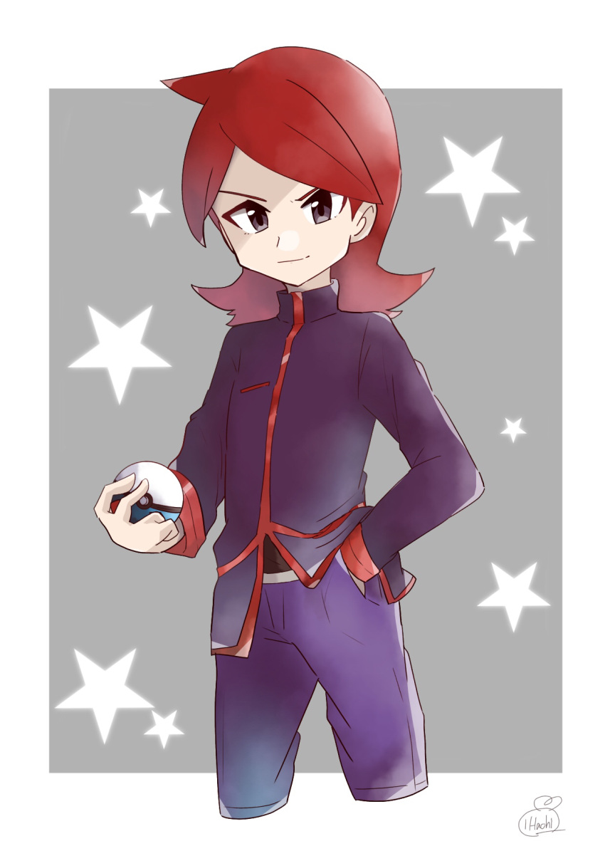 1boy border closed_mouth commentary_request cowlick grey_background grey_eyes hachi_(hachi_sin) hand_in_pocket highres holding holding_poke_ball jacket long_hair long_sleeves male_focus pants poke_ball pokemon pokemon_(game) pokemon_hgss purple_jacket purple_pants redhead signature silver_(pokemon) smile solo star_(symbol) white_border