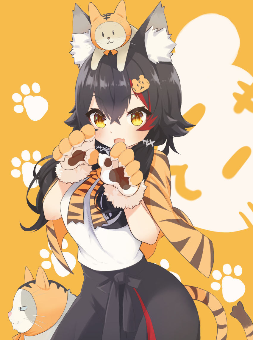 1girl :d absurdres animal_ear_fluff animal_ears animal_hands animal_on_head animal_print bangs black_hair blush brown_eyes cat cat_on_head chinese_zodiac commentary_request cowboy_shot eyebrows_visible_through_hair gloves hair_between_eyes hair_ornament highres hololive long_hair looking_at_viewer multicolored_hair on_head ookami_mio paw_gloves paw_print paw_print_background print_capelet redhead shirt simple_background smile solo standing streaked_hair taiga_(ookami_mio) tail tawa_(ookami_mio) tiger_hair_ornament tiger_print tiger_tail virtual_youtuber wappa white_shirt wolf_ears year_of_the_tiger