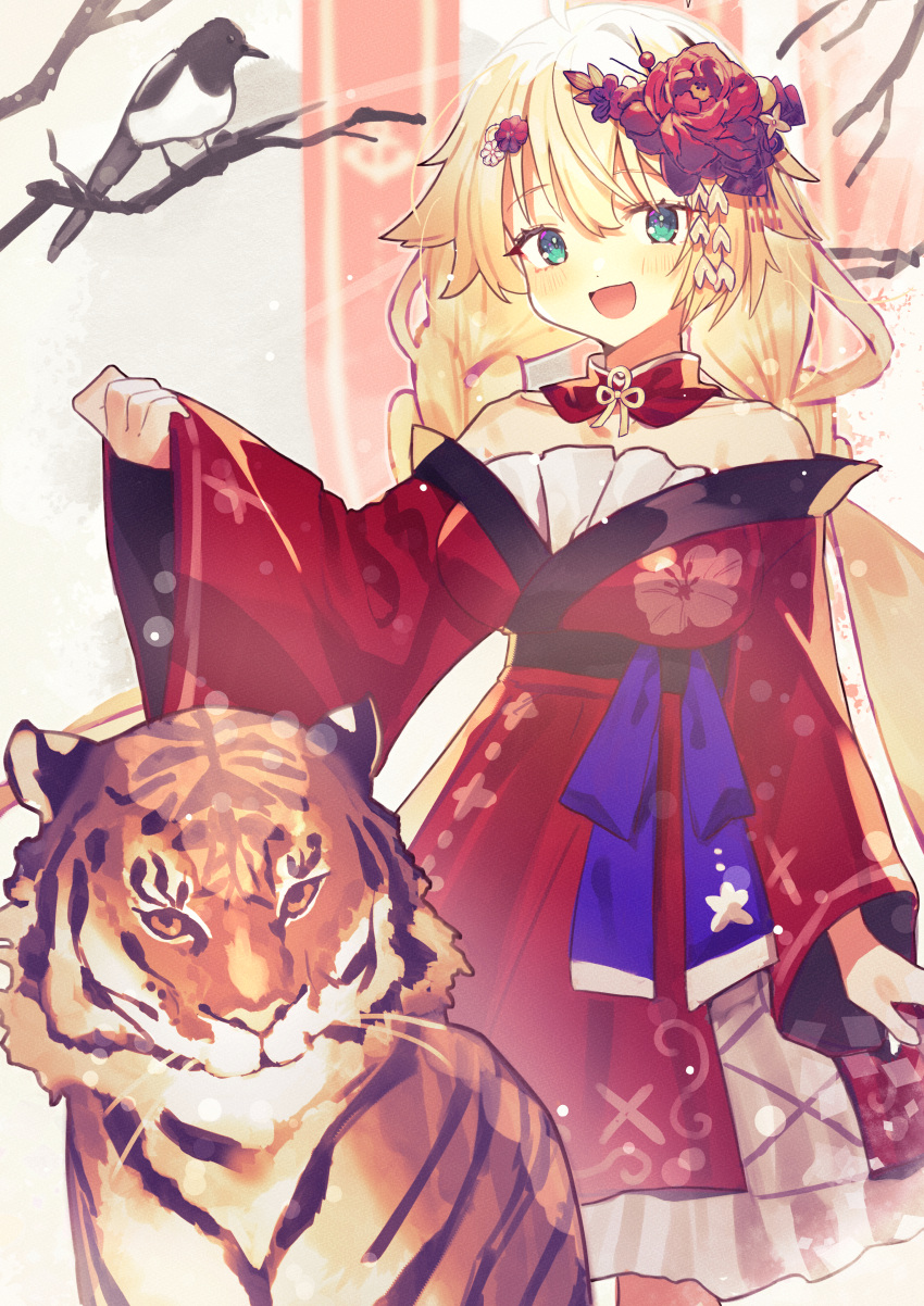 1girl absurdres akutaa azur_lane bare_shoulders blonde_hair braid eyebrows_visible_through_hair flower green_eyes hair_between_eyes hair_flower hair_ornament highres japanese_clothes kimono le_temeraire_(azur_lane) long_hair off-shoulder_kimono red_flower red_kimono solo standing tiger twin_braids very_long_hair wide_sleeves