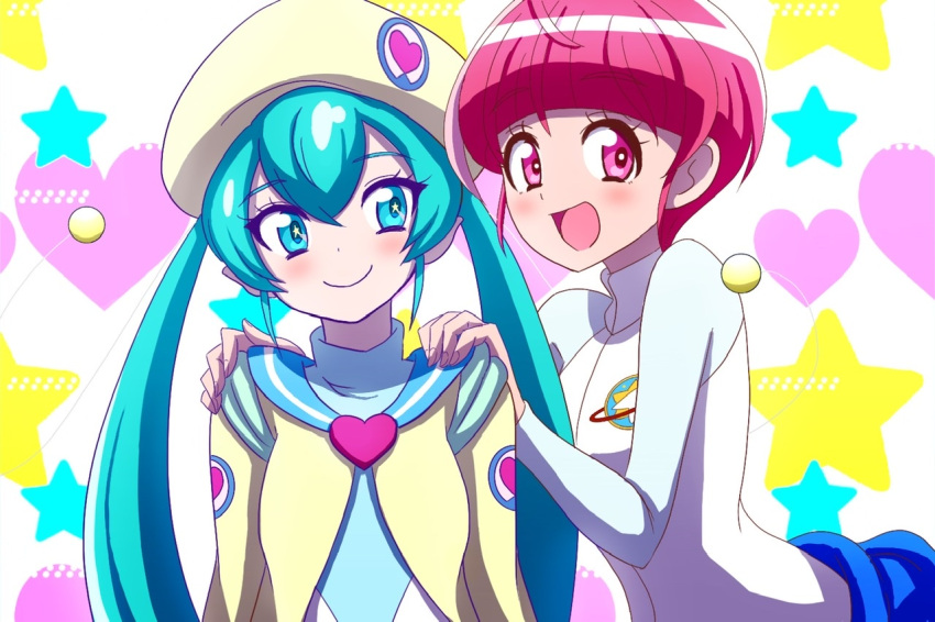 2girls :d ahoge aqua_eyes aqua_hair astronaut bangs beret blue_sailor_collar blunt_bangs blush bodysuit closed_mouth commentary cropped_jacket eyebrows_visible_through_hair hagoromo_lala hands_on_another's_shoulders happy hat heart heart_print hoshina_hikaru jacket long_sleeves looking_at_another looking_at_viewer multicolored_hair multiple_girls older open_mouth pink_eyes pink_hair pointy_ears precure sailor_collar short_hair sideways_glance smile star-shaped_pupils star_(symbol) star_in_eye star_twinkle_precure streaked_hair symbol-shaped_pupils symbol_in_eye twintails upper_body white_background yellow_headwear yellow_jacket zerolay
