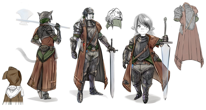 1boy 2girls armor avatar_(ff14) axe belt breastplate brown_belt brown_coat cat_tail closed_mouth coat final_fantasy final_fantasy_xiv gauntlets greaves grey_pants helmet highres holding holding_axe holding_sword holding_weapon hyur lalafell long_hair miqo'te mrkg_(arsfatuus) multiple_girls open_clothes open_coat over_shoulder paladin_(final_fantasy) pants pauldrons pointy_ears shadow shoulder_armor simple_background sleeveless_coat smile solo sword tail tail_raised warrior_(final_fantasy) weapon weapon_over_shoulder white_background