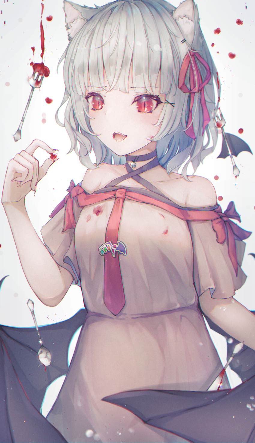 1girl absurdres animal_ears bat_wings bell blood brooch cat_ears dress fang fuunyon highres jewelry light_purple_hair neck_bell off_shoulder red_eyes red_ribbon remilia_scarlet ribbon short_hair tagme touhou white_dress white_hair wings