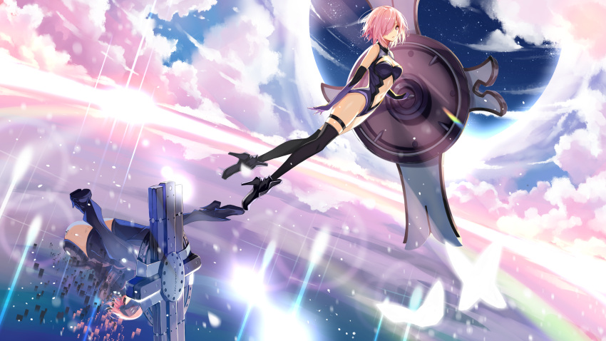 1girl armor bare_shoulders black_armor black_gloves breastplate closed_mouth clouds cloudy_sky commentary_request dual_persona elbow_gloves eyebrows_visible_through_hair eyes_visible_through_hair fate/grand_order fate_(series) gao27138868 gloves grass hair_over_one_eye highres holding holding_shield holding_weapon light_purple_hair looking_at_viewer mash_kyrielight mountain out_of_frame outdoors pov purple_eyes purple_gloves shield shielder_(fate/grand_order) short_hair two-tone_gloves weapon