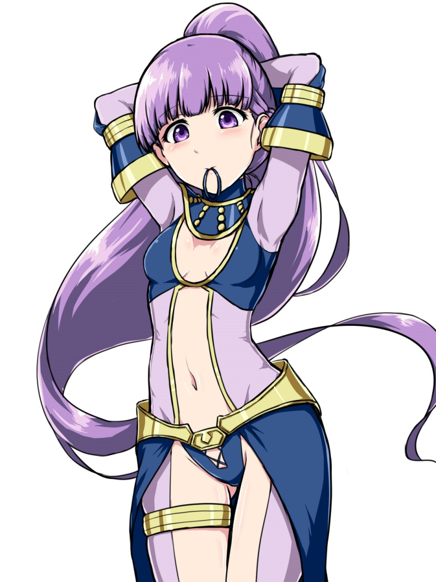 1girl absurdly_long_hair adjusting_hair alternate_costume alternate_hairstyle arms_up ass_visible_through_thighs blush breasts breasts_apart center_opening fire_emblem fire_emblem:_the_binding_blade fire_emblem_awakening groin highres long_hair memetsu_(umvn4442) mouth_hold navel pantyhose ponytail see-through simple_background small_breasts solo sophia_(fire_emblem) tying_hair very_long_hair white_background