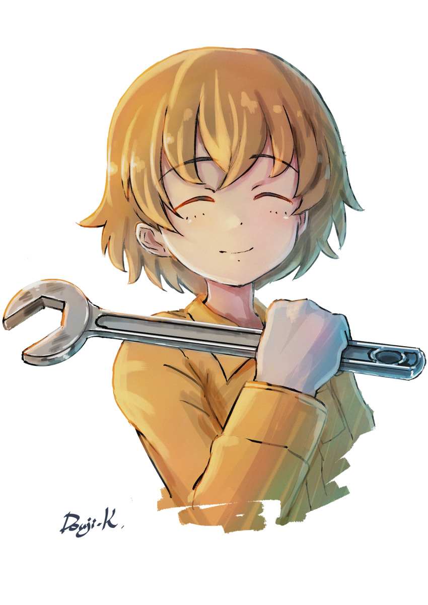1girl artist_name bangs brown_eyes brown_hair closed_eyes closed_mouth commentary cropped_torso eyebrows_visible_through_hair facing_viewer freckles girls_und_panzer gloves highres holding holding_wrench jumpsuit kuroneko_douji long_sleeves orange_jumpsuit short_hair signature simple_background sketch smile solo tsuchiya_(girls_und_panzer) white_background white_gloves wrench
