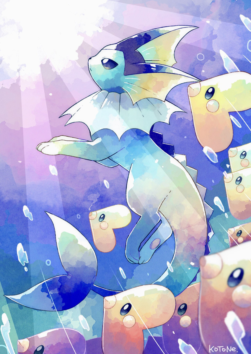 air_bubble alternate_color artist_name bubble closed_mouth commentary_request highres kotone11152 light_rays looking_up luvdisc no_humans pokemon pokemon_(creature) shiny_pokemon signature underwater vaporeon