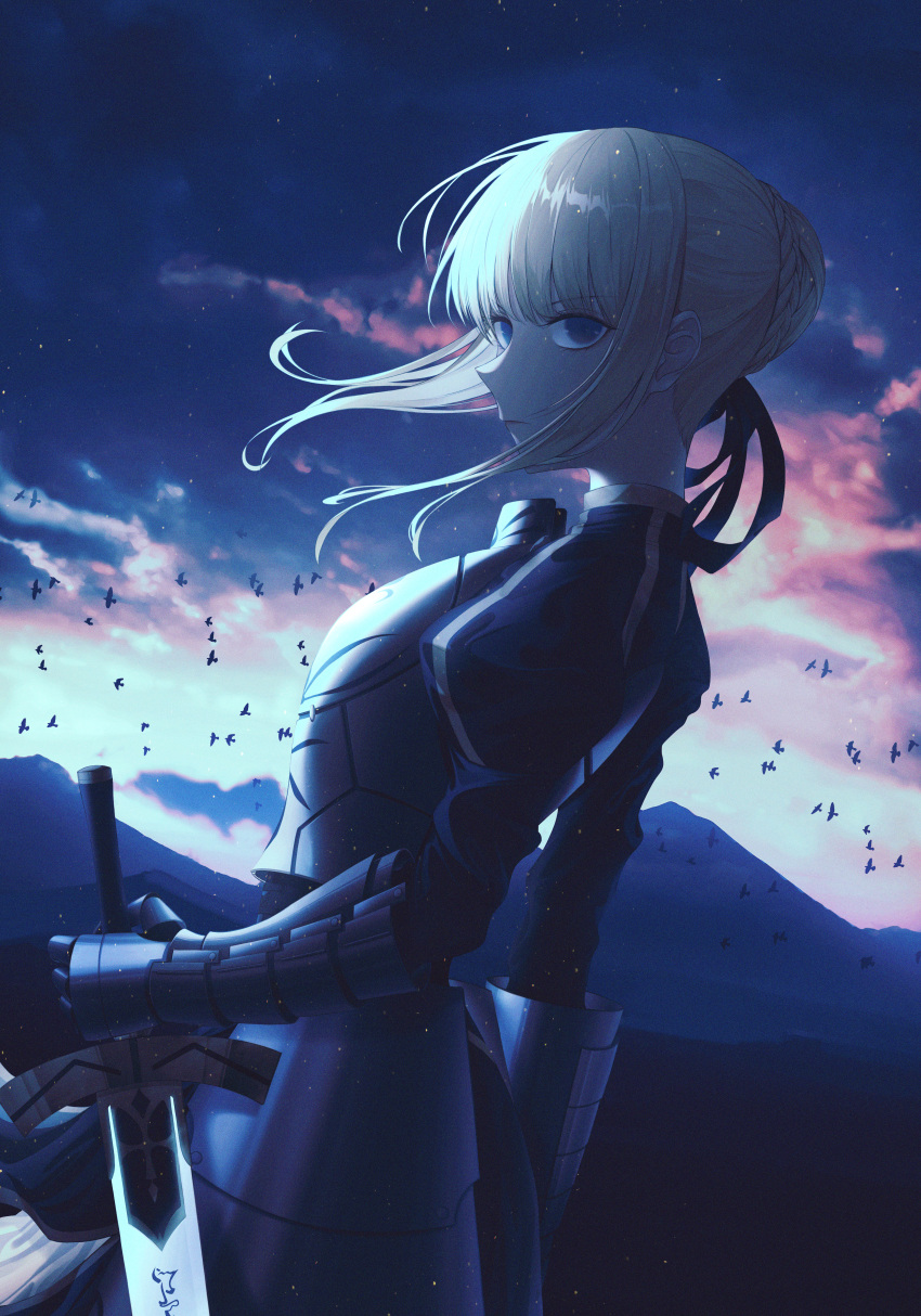 1girl ahoge artoria_pendragon_(all) artoria_pendragon_(fate) blonde_hair blue_ribbon breasts cleavage_cutout clothing_cutout excalibur_(fate/stay_night) fate/grand_order fate/stay_night fate_(series) green_eyes hair_bun hair_ribbon holding holding_weapon juliet_sleeves long_sleeves medium_breasts popong puffy_sleeves ribbon saber solo sword weapon