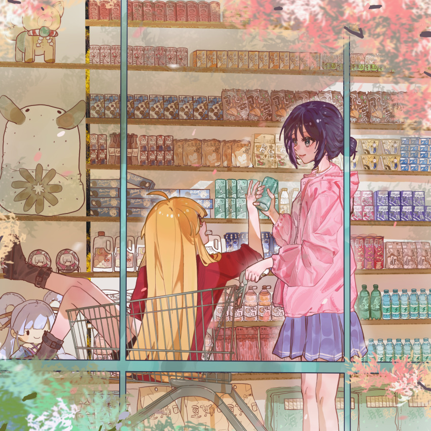 2girls ahoge back black_shorts blonde_hair boots bottle can character_doll chinese_commentary cho_kaguya-hime! coat commentary_request doll green_eyes grey_hair h_huili hair_bun highres holding holding_can in_shopping_cart indoors japanese_clothes kaguya_(cho_kaguya-hime!) kimono looking_up multiple_girls pink_coat purple_hair purple_kimono purple_skirt red_boots red_shirt runami_yachiyo sakayori_iroha shirt shop shopping_cart short_hair shorts sitting skirt snack standing