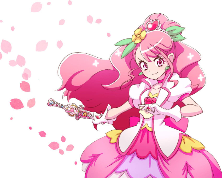 &gt;:) 1girl asymmetrical_bangs bangs cherry_blossoms choker collarbone commentary_request cure_grace dress earrings fighting_stance floating_hair flower flower_(symbol) gloves hair_flower hair_ornament hanadera_nodoka healin'_good_precure healing_animal healing_wand heart heart_hair_ornament heart_print highres holding holding_wand jewelry leaf_earrings long_hair magical_girl partial_commentary petals pink_choker pink_dress precure rabirin_(precure) short_sleeves simple_background smile upper_body v-shaped_eyebrows wand white_background white_gloves wind zerolay