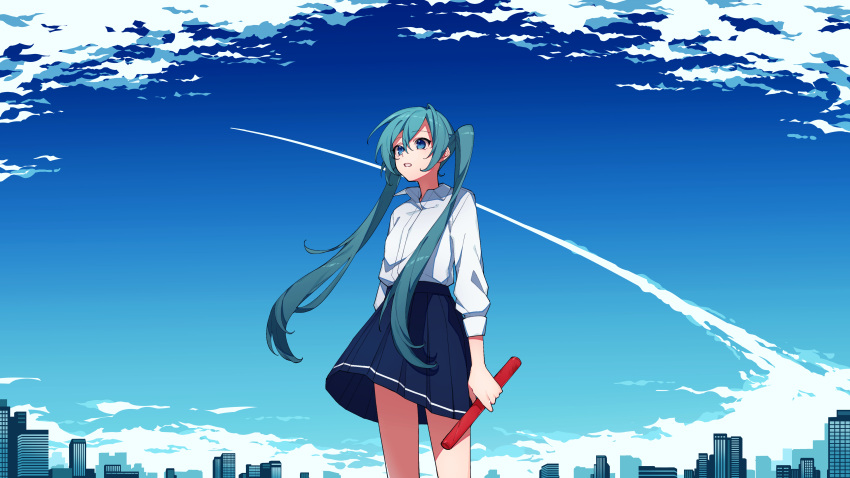 1girl absurdres blue_eyes blue_hair blue_skirt blue_sky clouds collared_shirt commentary contrail cowboy_shot eyebrows_visible_through_hair hatsune_miku highres holding long_hair long_sleeves odd_(miyoru) parted_lips pleated_skirt school_uniform shirt shirt_tucked_in skirt sky skyline solo tube twintails vocaloid white_shirt