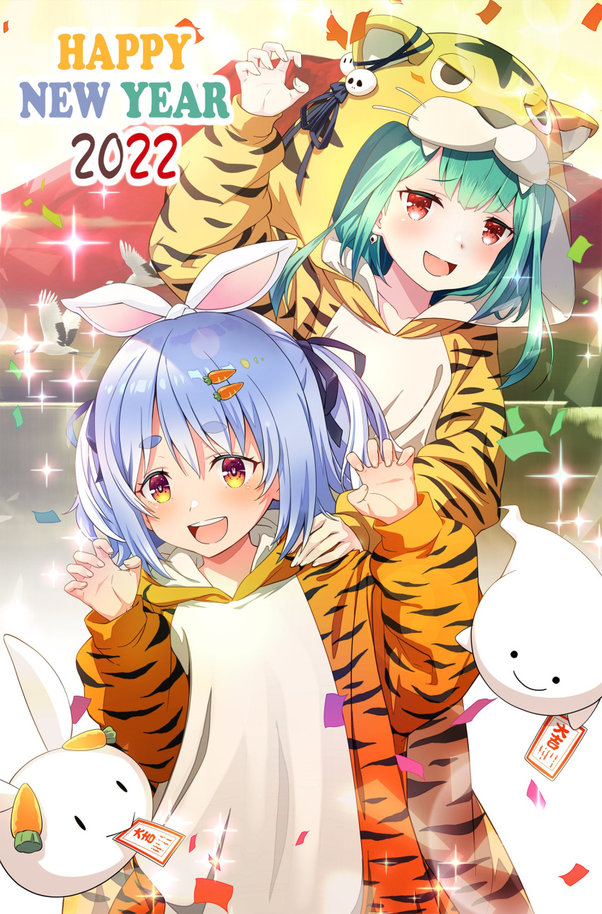 2022 2girls :d absurdres animal_costume animal_hood animal_print arm_up bangs bird blue_hair chinese_zodiac claw_pose commentary_request confetti earrings eyebrows_visible_through_hair fandead_(uruha_rushia) green_hair hand_on_another's_shoulder hands_up happy_new_year highres hololive hood hood_up hoodie jewelry long_hair long_sleeves maru-chan_niko multiple_girls new_year nousagi_(usada_pekora) print_hoodie red_eyes short_eyebrows short_hair skull_earrings smile thick_eyebrows tiger_costume tiger_hood tiger_print uruha_rushia usada_pekora virtual_youtuber year_of_the_tiger