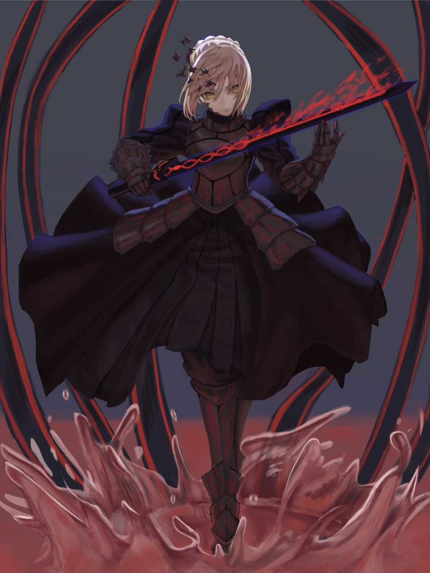 1girl absurdres artoria_pendragon_(fate) bangs black_dress black_ribbon blonde_hair braid closed_mouth commentary_request dark_excalibur dress excalibur_morgan_(fate) fate/grand_order fate/stay_night fate_(series) french_braid from_below gothic_lolita hair_bun highres holding holding_sword holding_weapon juliet_sleeves lolita_fashion long_sleeves looking_at_viewer puffy_sleeves ribbon saber_alter sidelocks sword tesin_(xogus1042) weapon yellow_eyes