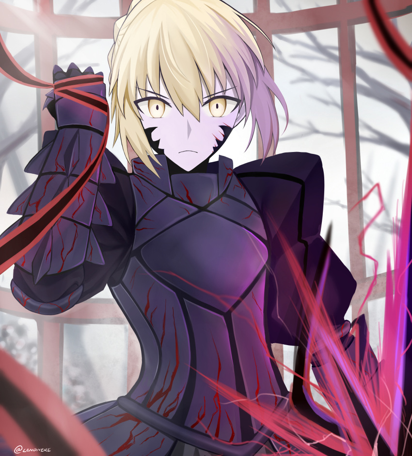 1girl absurdres artoria_pendragon_(fate) bangs black_dress black_ribbon blonde_hair braid closed_mouth commentary_request dark_excalibur dress excalibur_morgan_(fate) fate/grand_order fate/stay_night fate_(series) french_braid from_below gothic_lolita hair_bun highres holding holding_sword holding_weapon juliet_sleeves lendivere lolita_fashion long_sleeves looking_at_viewer puffy_sleeves ribbon saber_alter sidelocks sword weapon yellow_eyes
