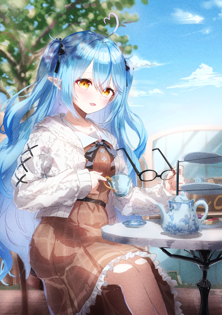 1girl :d absurdres ahoge aran_sweater bangs black-framed_eyewear black_bow black_bowtie blue_hair bow bowtie brown_dress cardigan colored_tips cup dentaku_music dress elf eyewear_removed hair_between_eyes heart_ahoge highres hololive long_hair looking_at_viewer multicolored_hair official_alternate_costume open_mouth pointy_ears sailor_collar sailor_dress short_dress sitting smile solo streaked_hair sweater tea_party teacup two_side_up very_long_hair virtual_youtuber white_cardigan yellow_eyes yukihana_lamy