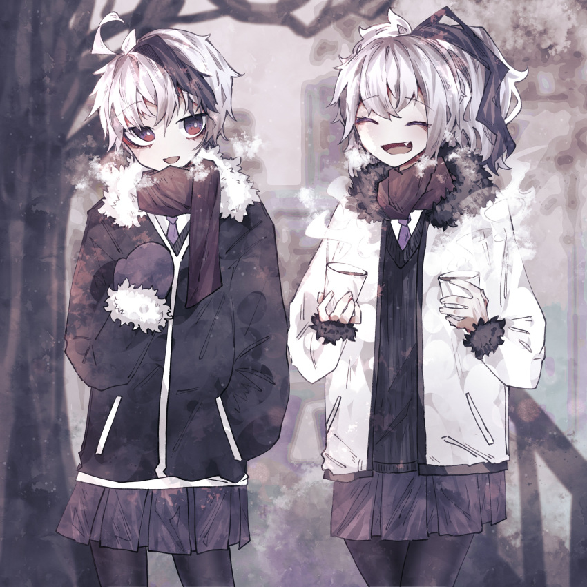 2girls absurdres black_coat black_fur black_hair black_legwear black_vest blurry blurry_background branch closed_eyes coat commentary cowboy_shot cup dual_persona fang flower_(vocaloid) fur-trimmed_coat fur_trim hand_in_pocket highres holding holding_cup kanyoru limited_palette medium_hair miniskirt multicolored_hair multiple_girls necktie open_mouth outdoors pantyhose pleated_skirt ponytail purple_mittens purple_necktie purple_skirt scarf shirt short_hair skirt smile standing streaked_hair tree v_flower_(vocaloid4) vest violet_eyes vocaloid white_coat white_hair white_shirt winter