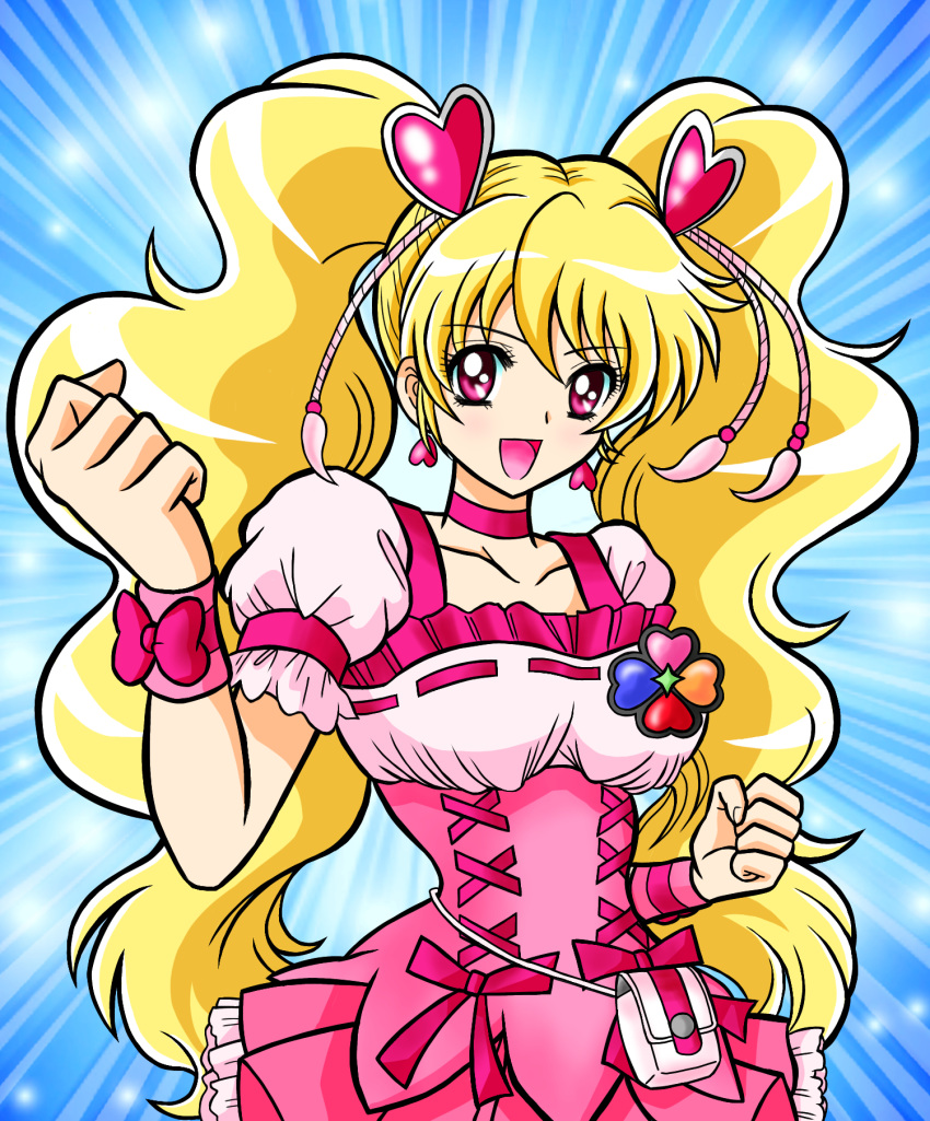 1girl :d bare_arms blonde_hair bow choker collarbone corset cowboy_shot cure_peach earrings fresh_precure! hair_ornament heart heart_earrings heart_hair_ornament highres jewelry long_hair looking_at_viewer magical_girl momozono_love nagaigoz open_mouth pink_bow pink_eyes pink_neckwear pink_skirt precure puffy_sleeves purple_background skirt smile solo sparkle standing twintails wrist_cuffs