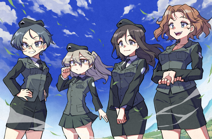 4girls absurdres azumi_(girls_und_panzer) bangs beret black_hair black_headwear black_jacket black_necktie black_ribbon black_skirt blue_eyes blue_sky brown_eyes brown_hair closed_mouth clouds cloudy_sky commentary day dress_shirt emblem girls_und_panzer grey_hair grin hair_ribbon hand_on_own_arm hands_on_hips hat highres jacket japanese_tankery_league_(emblem) light_brown_hair long_hair long_sleeves looking_to_the_side megumi_(girls_und_panzer) military military_hat military_uniform miniskirt multiple_girls nakachiruno necktie one_side_up open_mouth outdoors own_hands_together parted_bangs parted_lips pencil_skirt pleated_skirt ribbon rumi_(girls_und_panzer) selection_university_(emblem) selection_university_military_uniform shimada_arisu shirt short_hair skirt sky smile standing swept_bangs uniform v_arms white_shirt wind