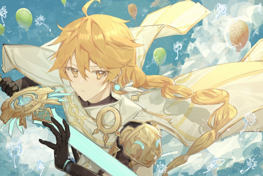 1boy aether_(genshin_impact) ahoge balloon bangs bird black_gloves blonde_hair braid closed_mouth dandelion earrings flower genshin_impact gloves hair_between_eyes holding holding_sword holding_weapon jewelry long_hair looking_at_viewer male_focus outdoors persimmon_(lsxh3) short_sleeves single_braid single_earring solo sword upper_body weapon yellow_eyes