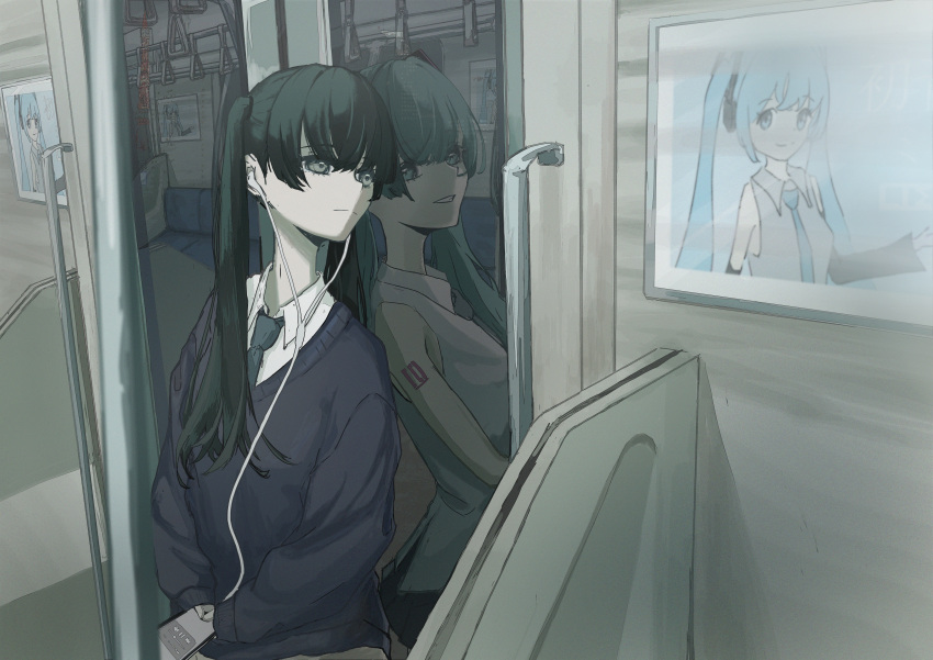 1girl absurdres aqua_eyes aqua_hair bare_shoulders black_eyes black_hair black_necktie black_sleeves black_sweater commentary detached_sleeves different_reflection earphones earphones expressionless grey_shirt hand_grip hatsune_miku highres holding holding_phone leaning_back limi_li3 long_hair looking_to_the_side necktie parted_lips phone poster_(object) reflection shirt sleeveless sleeveless_shirt smile standing sweater train_interior twintails upper_body vocaloid white_shirt