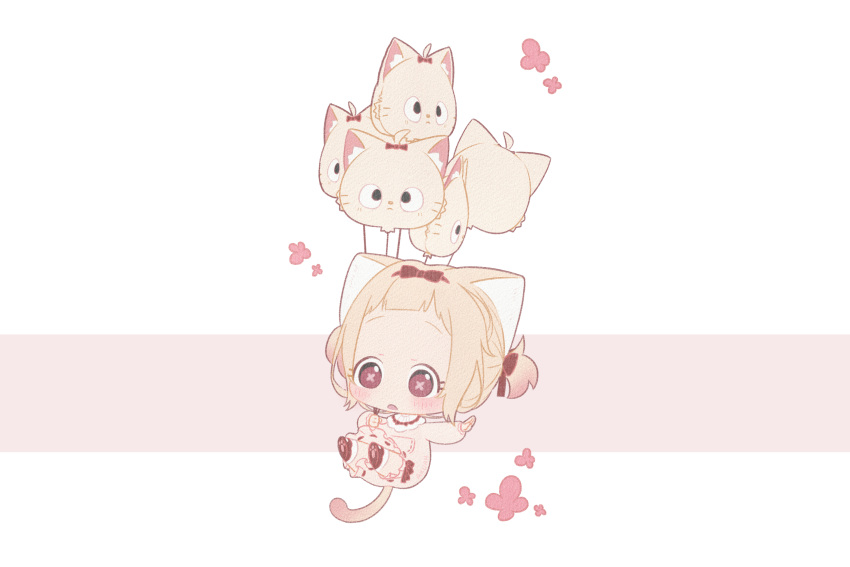 1girl a_xuan233 absurdres ahoge amai_hiyo animal_ear_fluff animal_ears balloon bangs blonde_hair blunt_bangs bow cat_ears cat_girl cat_tail child closed_mouth commentary dress forehead frilled_dress frills full_body hair_bow highres holding holding_balloon indie_virtual_youtuber legs_up long_sleeves open_mouth paw_print puffy_long_sleeves puffy_sleeves red_eyes shoes short_twintails simple_background symbol-shaped_pupils tail twintails virtual_youtuber