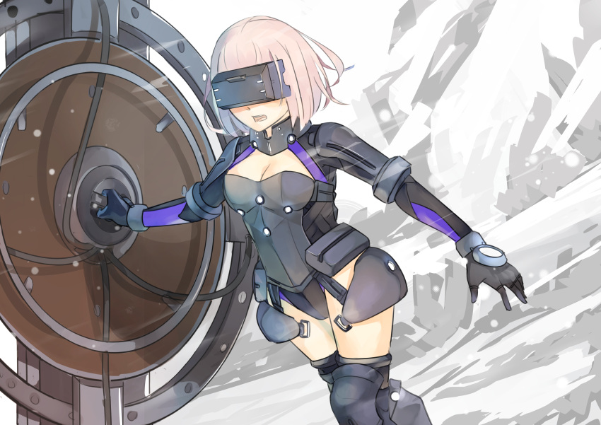 1girl armor bare_shoulders black_armor black_gloves breastplate closed_mouth clouds cloudy_sky commentary_request drakhend66 elbow_gloves eyebrows_visible_through_hair eyes_visible_through_hair fate/grand_order fate_(series) gloves grass hair_over_one_eye highres holding holding_shield holding_weapon light_purple_hair looking_at_viewer mash_kyrielight mountain out_of_frame outdoors pov purple_eyes purple_gloves shield shielder_(fate/grand_order) short_hair two-tone_gloves weapon