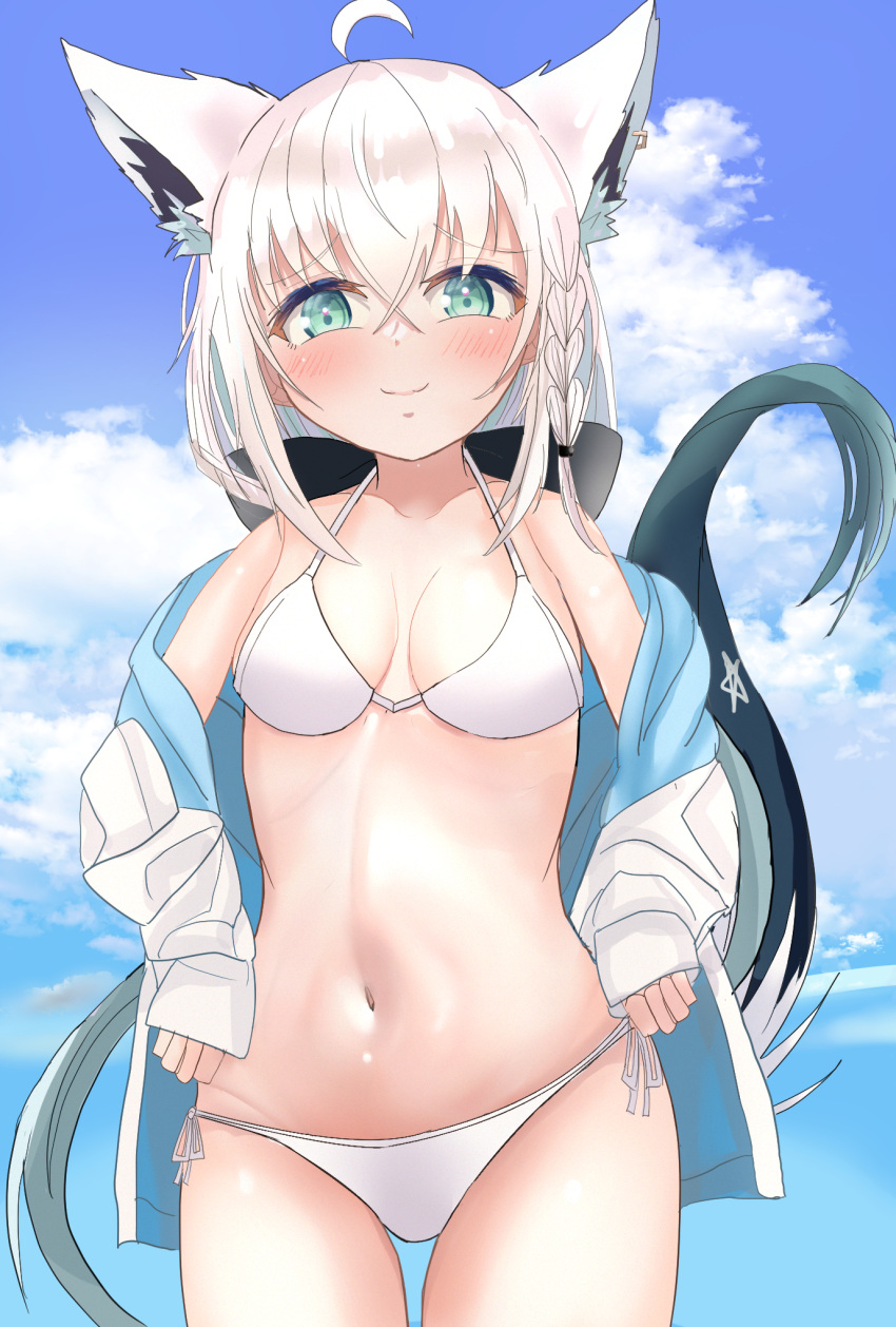 1girl ahoge animal_ear_fluff animal_ears bangs bikini black_bow blush bow braid breasts clouds cloudy_sky collarbone commentary_request day earrings eyebrows_visible_through_hair fox_ears fox_girl fox_tail green_eyes hair_between_eyes hair_bow highres hololive jacket jewelry long_hair looking_at_viewer matudo_yuu navel open_clothes open_jacket pentagram shirakami_fubuki sidelocks single_braid sky small_breasts smile solo swimsuit tail virtual_youtuber white_bikini white_hair