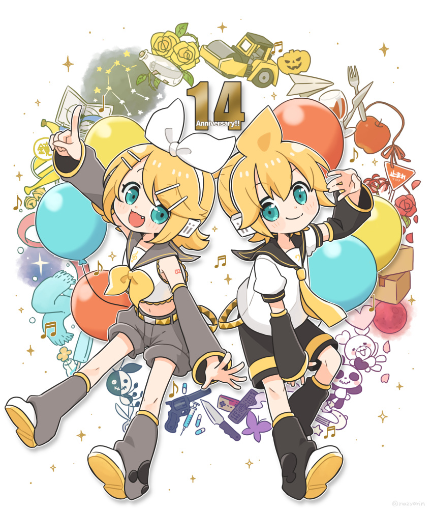 1boy 1girl \m/ anniversary apple aqua_eyes aqua_scarf arm_at_side arm_up balloon banana bare_shoulders beamed_sixteenth_notes bell belt between_legs black_sailor_collar black_shorts blonde_hair blush_stickers bottle bow box bug butterfly circle closed_mouth colorful constellation contrapposto controller crop_top cup dagger detached_sleeves dot_nose drink drinking_glass eyebrows_visible_through_hair eyes_visible_through_hair fang flower food fork fringe_trim fruit full_body full_moon game_controller grey_pants grey_sailor_collar gun hair_between_eyes hair_bow hair_ornament hairclip hand_between_legs handgun headset heart highres index_finger_raised jar kagamine_len kagamine_rin knee_up knife leaf leg_warmers legs_apart light_blush light_particles midriff moon musical_note musical_note_print najo navel neckerchief necktie open_mouth outline pants paper paper_airplane petals pill plant popsicle puffy_short_sleeves puffy_sleeves pumpkin purple_butterfly quarter_note red_flower red_moon red_ribbon red_rose remote_control revolver ribbon rose rose_petals sailor_collar scarf scissors shoe_soles shoes short_hair short_sleeves shorts side-by-side sign simple_background smile sparkle spider_lily star_(symbol) steamroller string stuffed_animal stuffed_panda stuffed_toy syringe teddy_bear thorns treble_clef vines vocaloid weapon white_background white_bow white_footwear white_outline yellow_belt yellow_flower yellow_neckerchief yellow_necktie yellow_rose