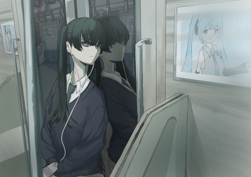 1girl absurdres aqua_eyes aqua_hair bare_shoulders black_eyes black_hair black_necktie black_sleeves black_sweater commentary detached_sleeves different_reflection earphones earphones expressionless grey_shirt hand_grip hatsune_miku highres holding holding_phone leaning_back limi_li3 long_hair looking_to_the_side necktie phone poster_(object) reflection shirt sleeveless sleeveless_shirt smile standing sweater train_interior twintails upper_body vocaloid white_shirt