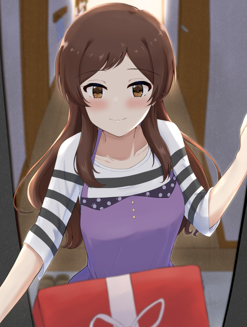 1other 2girls blurry blurry_background blush brown_hair character_request depth_of_field doorway eyebrows_visible_through_hair gift highres idolmaster idolmaster_million_live! kitazawa_shiho light_smile looking_at_viewer multiple_girls pov pov_doorway purple_apron shirt solo_focus straight_hair striped striped_shirt wakame_miso